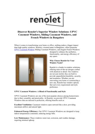 Discover Renolet's Superior Window Solutions  UPVC Casement Windows, Sliding Casement Windows and