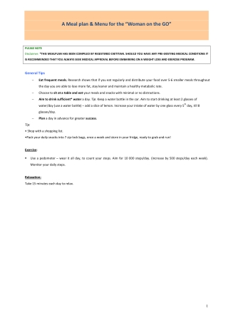 A Meal Plan and Menu for the Woman on the GO Author The Cancer Association of South Africa