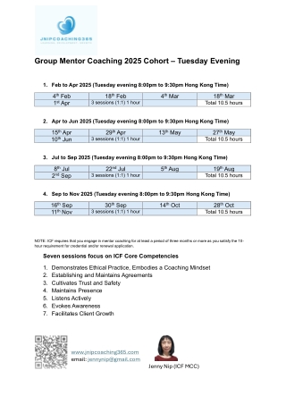Group Mentor Coaching schedule 2025 Tuesday Evening