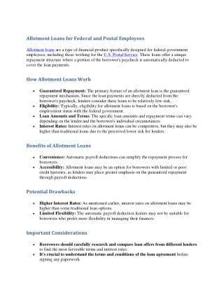 Allotment Loans for Federal and Postal Employees