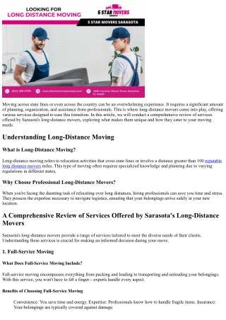 A Comprehensive Review of Services Offered by Sarasota's Long-Distance Movers