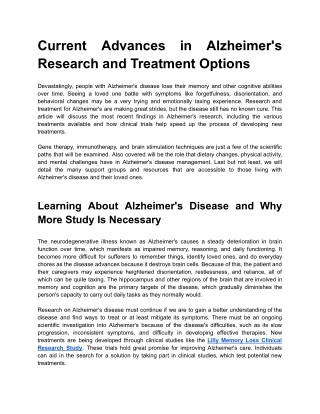 Current Advances in Alzheimer's Research and Treatment Options