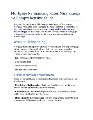 Mortgage Refinancing Rates Mississauga