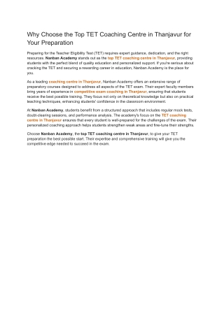 Why Choose the Top TET Coaching Centre in Thanjavur for Your Preparation