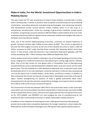 Make in India’s 10th Anniversary: Transforming India into a Global Mobility Hub