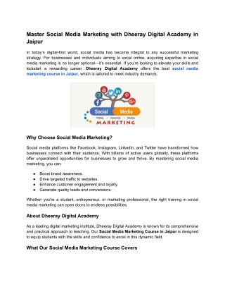 Master Social Media Marketing with Dheeray Digital Academy in Jaipur