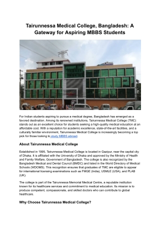 Tairunnessa Medical College, Bangladesh: A Gateway for Aspiring MBBS Students