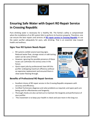 Ensuring Safe Water with Expert RO Repair Service in Crossing Republic