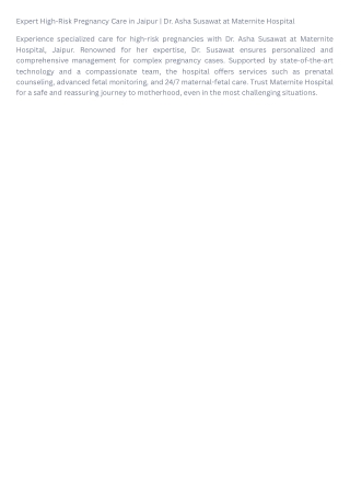 Expert High-Risk Pregnancy Care in Jaipur  Dr. Asha Susawat at Maternite Hospital