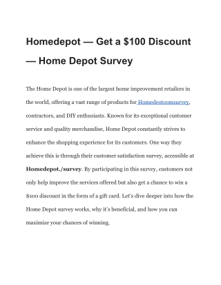 Homedepot – Get a $100 Discount – Home Depot Survey