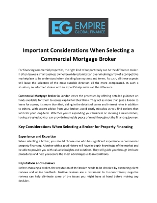 Important Considerations When Selecting a Commercial Mortgage Broker
