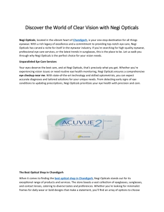 Discover the World of Clear Vision with Negi Opticals