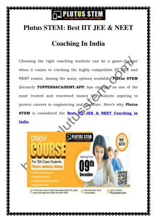 Best IIT JEE & NEET Coaching in India at Plutus STEM
