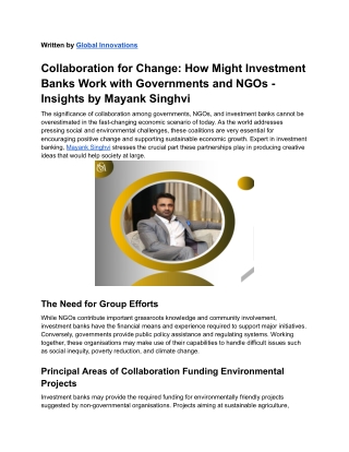 Cooperation for Change - Perspectives by Mayank Singhvi on Investment Banks' Partnerships with Governments and NGOs