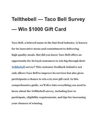 Tellthebell – Taco Bell Survey - Win $1000 Gift Card