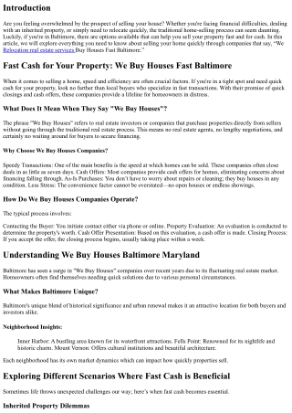 Fast Cash for Your Property: We Buy Houses Fast Baltimore