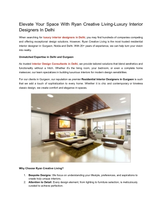 Elevate Your Space With Ryan Creative Living-Luxury Interior Designers In Delhi