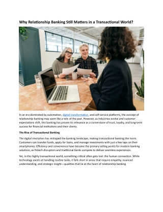 Why Relationship Banking Still Matters in a Transactional World