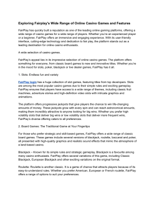 Exploring Fairplay's Wide Range of Online Casino Games and Features