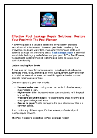 Effective Pool Leakage Repair Solutions Restore Your Pool with The Pool Pioneer