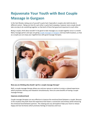 Rejuvenate Your Youth with Best Couple Massage in Gurgaon