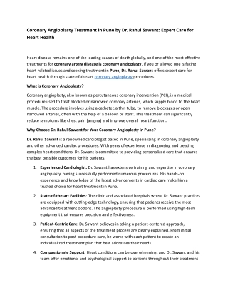 Coronary Angioplasty Treatment in Pune by Dr. Rahul Sawant Expert Care for Heart Health