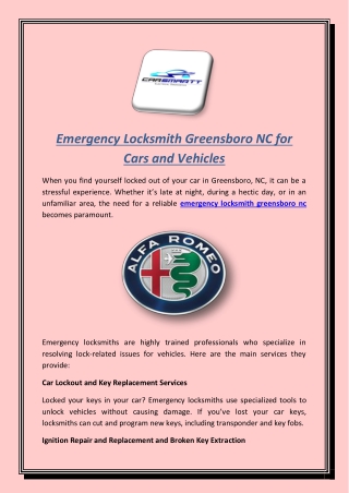 Emergency Locksmith Greensboro NC for Cars and Vehicles