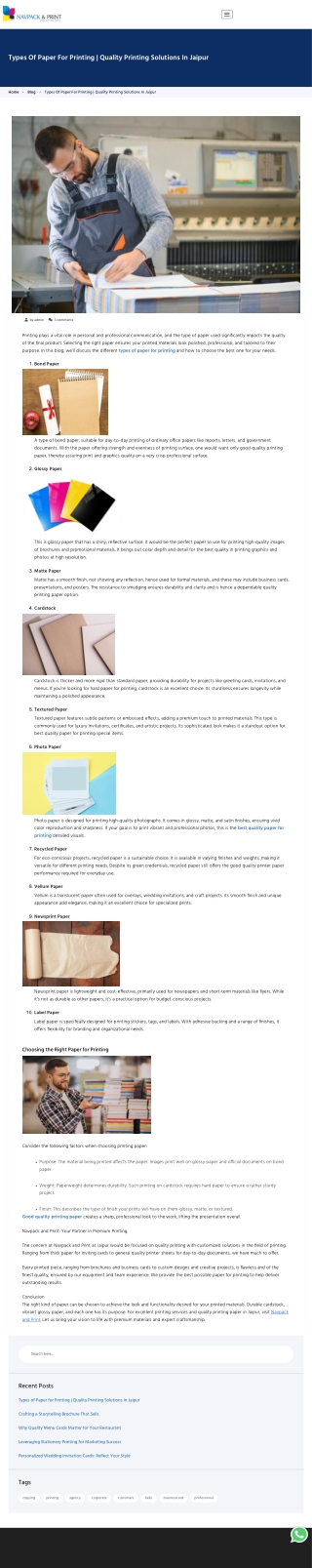 Types of Paper for Printing | Quality Printing Solutions in Jaipur