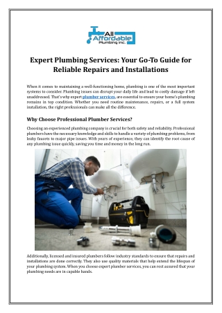 Expert Plumbing Services: Your Go-To Guide for Reliable Repairs and Installation