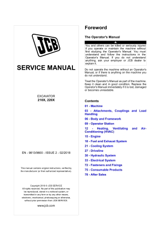 JCB 210X, 220X Excavator Service Repair Manual Instant Download (SN From 2500051 and up)