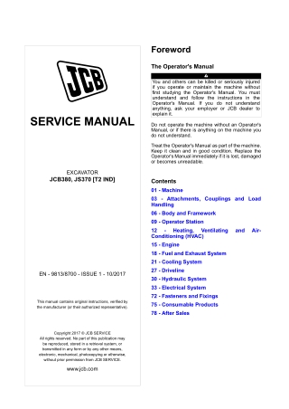JCB JCB380, JS370 [T2 IND] EXCAVATOR Service Repair Manual Instant Download (SN from 2500652 onwards)