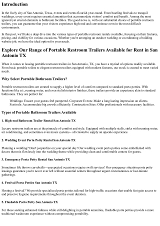 Explore Our Series Of Portable Restroom Trailers Available for Lease in San Anto