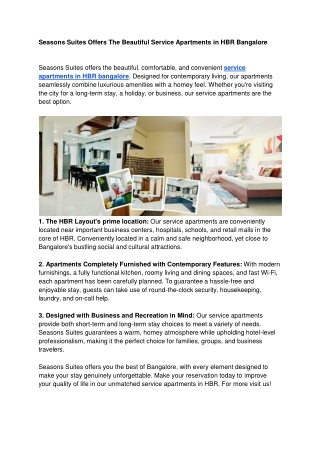 Seasons Suites Offers The Beautiful Service Apartments in HBR Bangalore