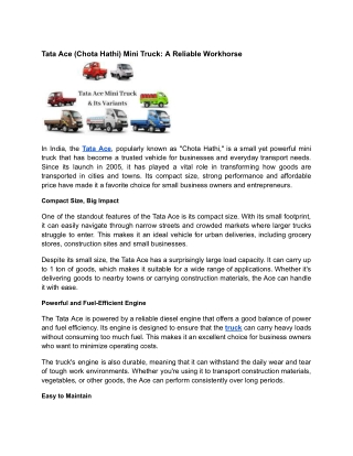 Tata Ace (Chota Hathi) Mini Truck: A Reliable Workhorse