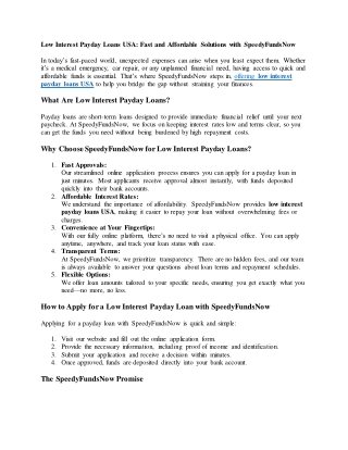 Low Interest Payday Loans USA: Fast, Affordable Help with SpeedyFundsNow