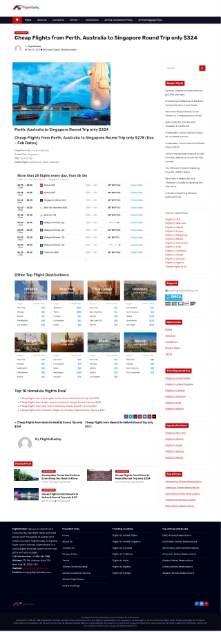 Cheap Flights from Perth, Australia to Singapore Round Trip only $324