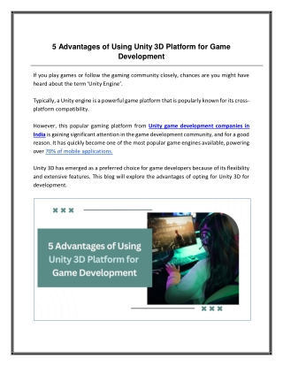 5 Advantages of Using Unity 3D Platform for Game Development