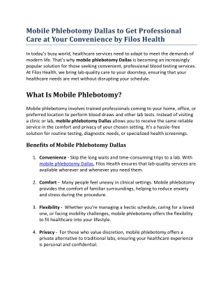 Mobile Phlebotomy Dallas to Get Professional Care at Your Convenience by Filos Health