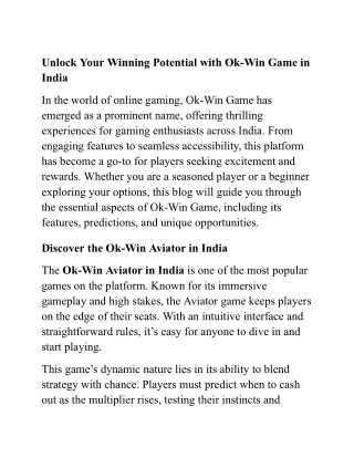 Unlock Your Winning Potential with Ok-Win Game in India