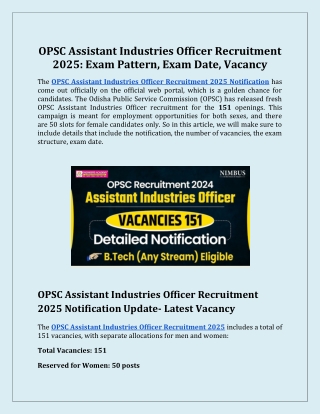 OPSC Assistant Industries Officer Recruitment 2025 Exam Pattern, Exam Date, Vacancy