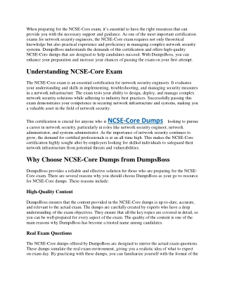 Get NCSE-Core Dumps at DumpsBoss and Pass with Confidence