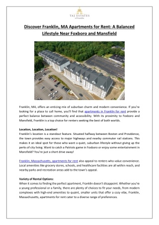 Discover Franklin, MA Apartments for Rent- A Balanced Lifestyle Near Foxboro and Mansfield