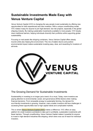 Sustainable Investments Made Easy with Venus Venture Capital