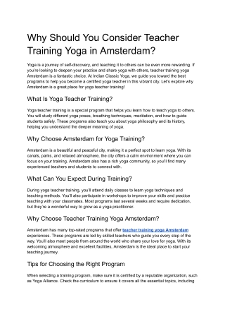Why Should You Consider Teacher Training Yoga in Amsterdam