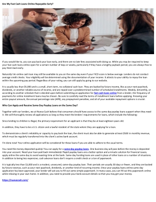 Are My Fast Cash Loans Online Repayable Early