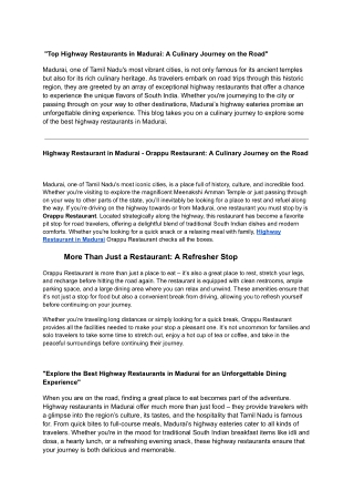 Highway Restaurant in Madurai- Orappu Restaurant