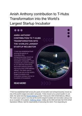 Anish Anthony contribution to T-Hubs Transformation into the World’s Largest Startup Incubator