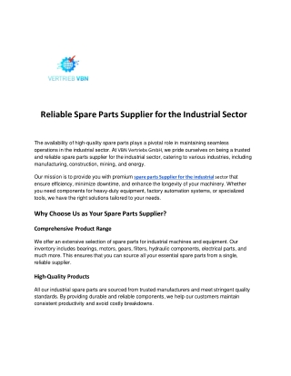 Reliable Spare Parts Supplier for the Industrial Sector