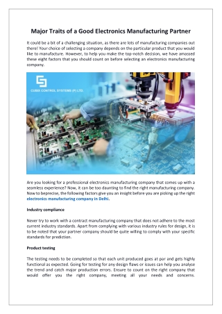 Major Traits of a Good Electronics Manufacturing Partner