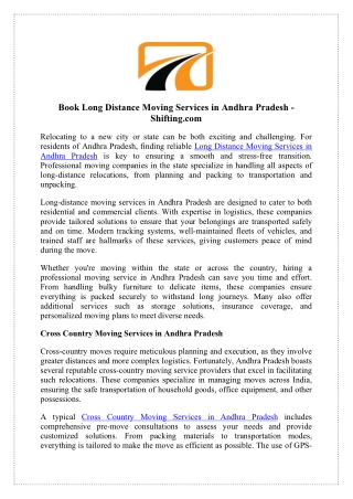 Get Cross Country Moving Services in Andhra Pradesh - Shifting.com